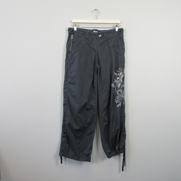 Cache Y2K Baggy Floral Embellished Capris Women 8 Gray Cotton Crop Low Rise 528 - Picture 1 of 13